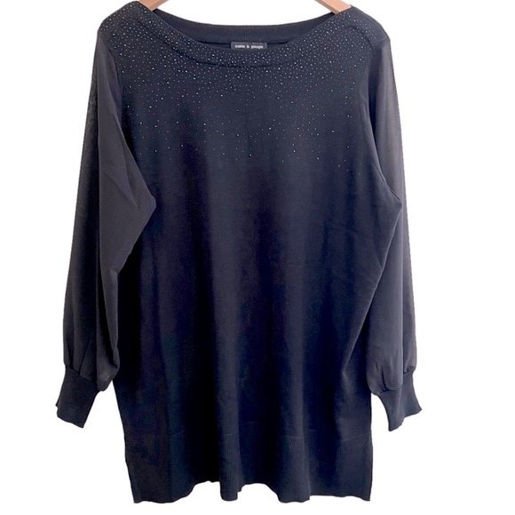 Cable & Gauge Tops - 😊3/$30 1X sheer sleeves w/beaded front knit tunic by Cable & Gauge Black EUC
